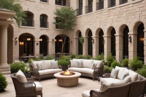 hardscaping excellence - beautifully landscaped sitting area to enjoy outdoor spaces at a commercial living space, such as a hotel, apartment complex, or HOA