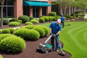 two landscaping professionals wearing blue uniforms working on outdoor landscaping areas at a commercial property