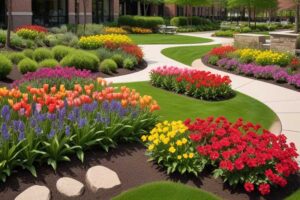 spring landscaping with bright colors and florals in a commercial property setting