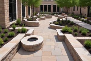 hardscaped area in a courtyard at a hotel or office building with pavers, built-in seating areas, and garden beds